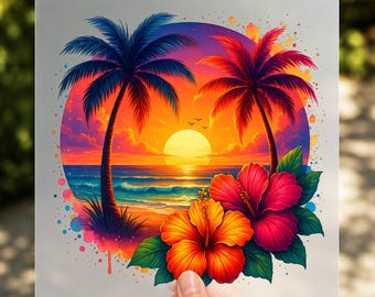Hibiscus Sunset DTF Transfer, Tropical Beach Vacation Shirt