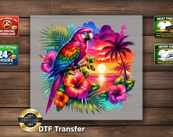 Tropical Parrot DTF Transfer: Colorful Bird Sunset Island Graphic