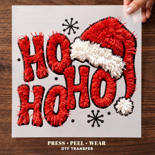Ho Ho Ho Christmas DTF Transfer with Santa Hat and Christmas Lettering Ready To Press