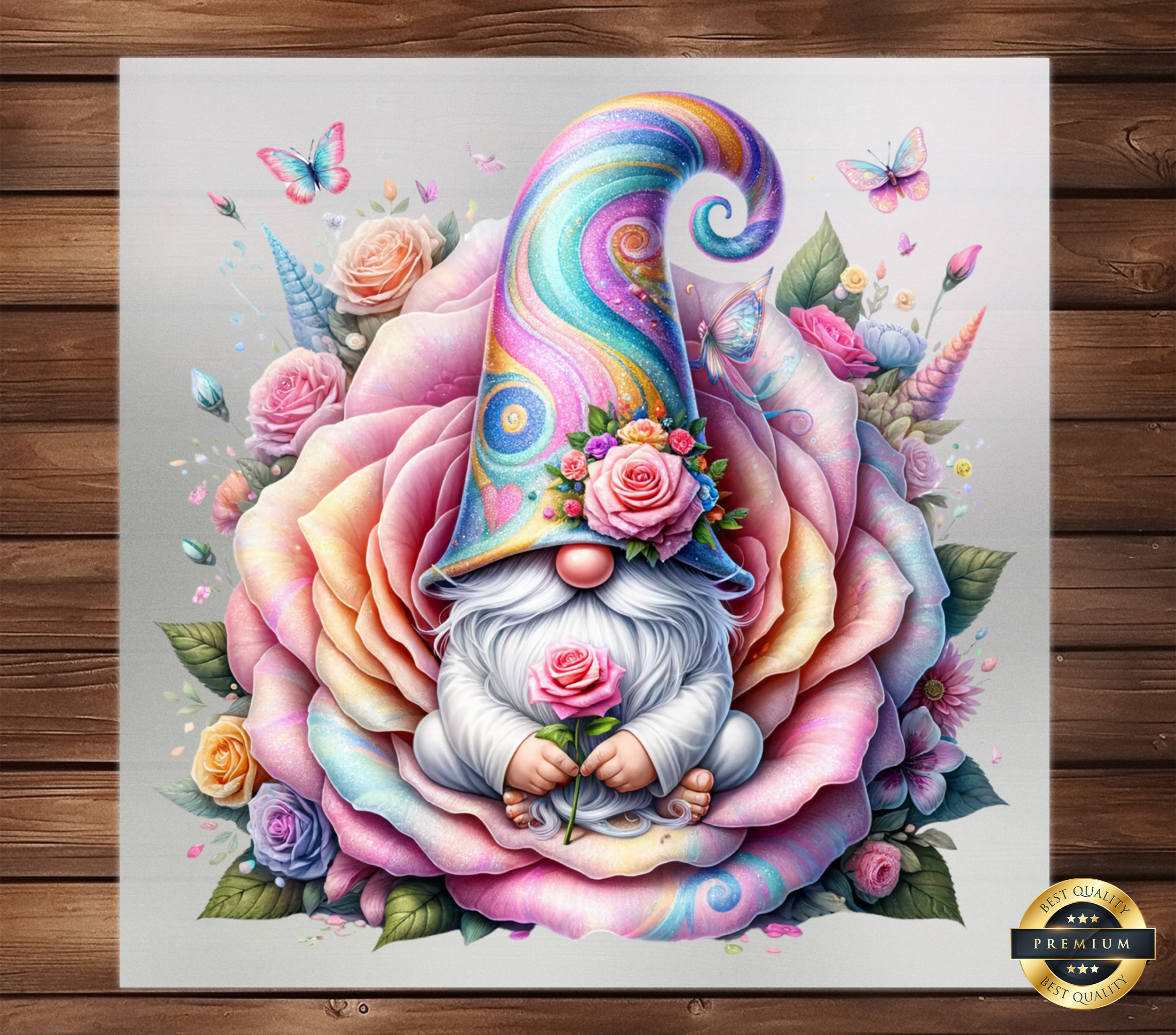Transfert DTF nain rose et papillon : oeuvre d'art florale sur tissu