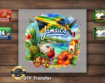 Jamaica DTF Transfer: Tropical Island Flag Hummingbird Pineapple Print