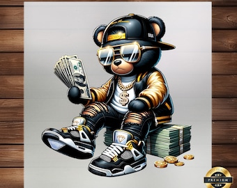 Hip Hop Money Bear DTF Transfer: Graffiti Cartoon Iron-on Decal