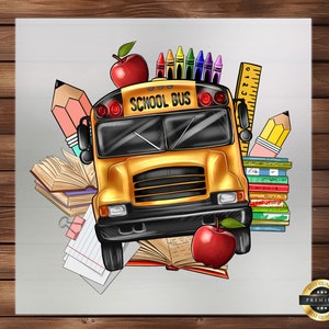May include: A yellow school bus with the words "SCHOOL BUS" on the front. The bus is surrounded by school supplies, including books, pencils, crayons, and a ruler. There are two red apples on either side of the bus.