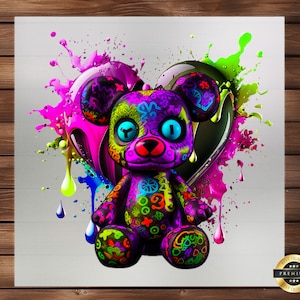 Teddy Bear DTF Transfer, Colorful Design, Artistic Cartoon Graphic, Easy Application, Ready to Press, Iron on Decal, DIY Craft Supply