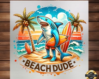 Beach Dude Shark DTF Transfer: Summer Apparel Graphic