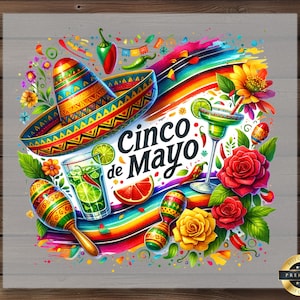 Cinco De Mayo DTF Transfer, Mexican Fiesta with Maracas Sombrero Lime and Drinks, Ready to Press Party Shirt Design