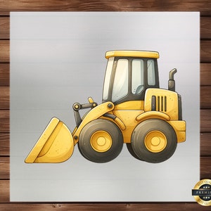 May include: A yellow cartoon illustration of a front loader with a black cab and black wheels. The loader is on a white background.