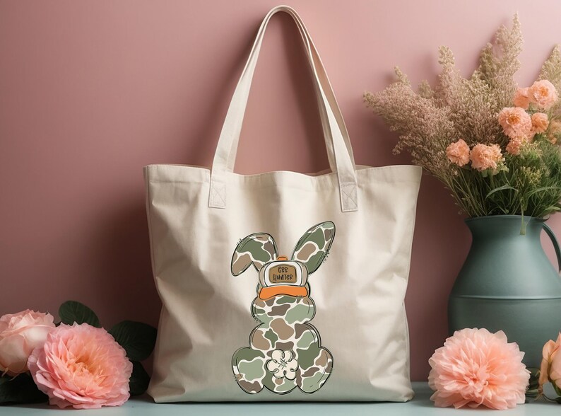 May include: A white canvas tote bag featuring a camouflage bunny rabbit wearing a hat that says "Get Lucky". The bag has two handles and is resting on a pink surface.