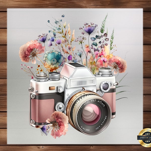 Captured Blooms: Camera and Wild Flowers DTF Transfer - Snapshot of Nature's Beauty for Photography Enthusiasts