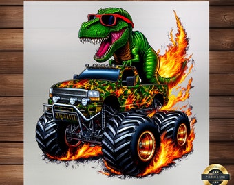 T-Rex Monster Truck DTF Transfer, Roaring Design for Kids&#39; Apparel, Perfect for Custom Tees & Playtime Fun, Ready-to-Press Exciting Graphic