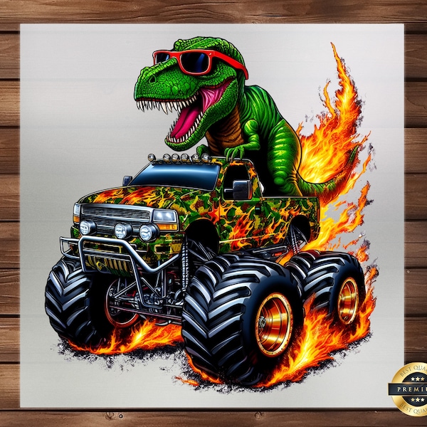 T-Rex Monster Truck DTF Transfer, Roaring Design for Kids' Apparel, Perfect for Custom Tees & Playtime Fun, Ready-to-Press Exciting Graphic