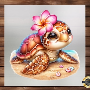 May include: A cute cartoon sea turtle with a pink flower on its head, sitting on a sandy beach with pink flowers scattered around it.