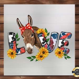 Transfert DTF Love Donkey Tournesol : appliqué d'animaux de la ferme