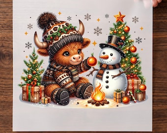 Highland Cow Christmas DTF Transfer with Snowman and Cute Farm Holiday Ready To Press