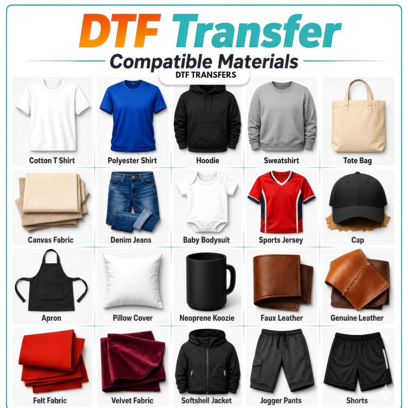 a collection of various clothing and accessory items, including cotton T-shirts, hoodies, sweatshirts, tote bags, jeans, baby bodysuits, sports jerseys, cap, apron, pillow cover, neoprene kooszle, faux leather, genuine leather, felt fabric, velvet fabric, softshell jacket, jogging pants, and shorts.