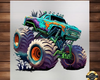 Watercolor Monster Truck DTF Transfer, Off-Road Adventure Design, Perfect for Custom Apparel, Ready-to-Press Graphic for Enthusiasts