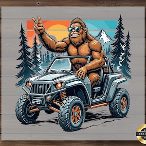 Transferencia DTF de Pie Grande, Sasquatch conduciendo un vehículo todoterreno, atmósfera de montaña al atardecer, diseño del símbolo de la paz, listo para imprimir, estampado de camiseta de aventura