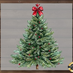 May include: Watercolor illustration of a Christmas tree with green needles, red berries, and a red bow and star on top. The tree is set against a gray background with a wood grain texture. A gold seal with the words "BEST QUALITY" is in the bottom right corner.