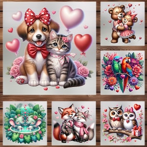 Cute Animals Couple DTF Transfer, 6 Different Baby Animals, Valentine&#39;s Day, Iron on Decal, Ready to Press, Custom Kids Apparel, DIY Craft