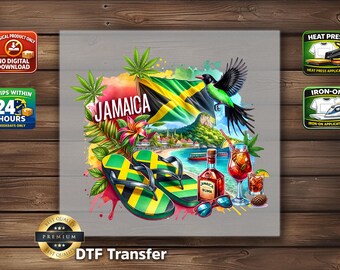 Jamaica DTF Transfer: Caribbean Flag Guitar Bird Rum Faux Stone Effect Printed Design