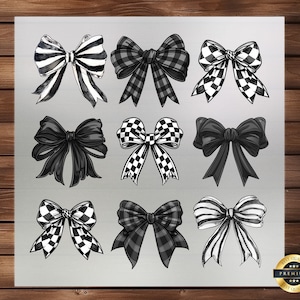 May include: Nine black and white checkered and striped bow designs. The bows are drawn in a vintage style and are perfect for crafting and scrapbooking.