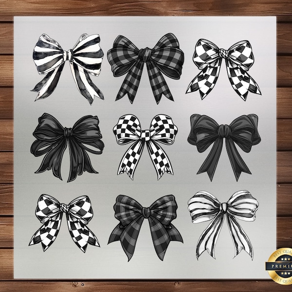 Transferencia DTF con lazo negro a cuadros negros: Calcomanía de moda Coquette