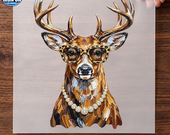 Glam Deer DTF Transfer | Leopard Glasses Jeweled Necklace Buck Portrait | Ready To Press