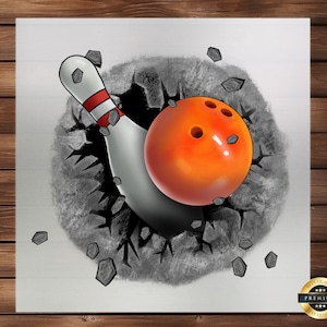 May include: A bowling ball and pin breaking through a cracked concrete wall. The bowling ball is orange with three holes and the pin is white with red stripes.