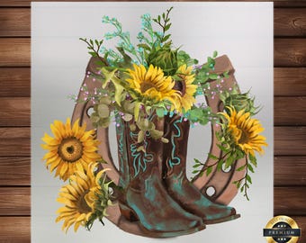 Cowboy Boots with Sunflowers DTF Transfer: Rustic Western Print