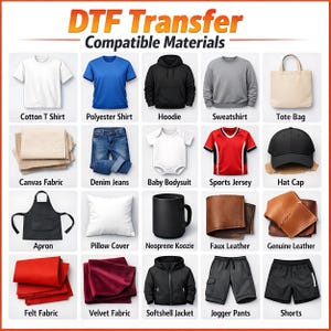 a collection of various clothing and accessory items, including cotton T-shirts, hoodies, sweatshirts, tote bags, canvas fabric, denim jeans, baby bodysuits, sports jerseys, hats, apron, pillow cover, faux leather, genuine leather, felt fabric, velvet fabric, softshell jackets, jogging pants, and shorts.