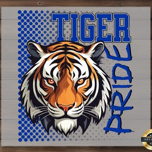 May include: A graphic design on a light gray background featuring a stylized tiger head with orange, black, and white fur. The word TIGER is printed in blue block letters above the head, and the word PRIDE is written vertically in blue.