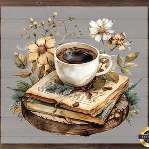 Floral Coffee Mug DTF Transfer: Vintage Book Stack Shirt Design