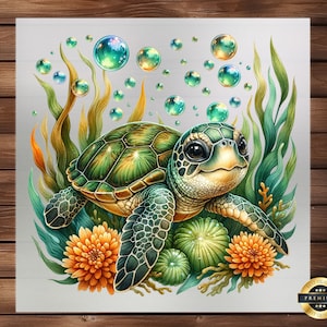 May include: A green sea turtle with a brown shell is surrounded by bubbles and green seaweed. The turtle is swimming in a blue ocean. The turtle has a cute expression on its face.