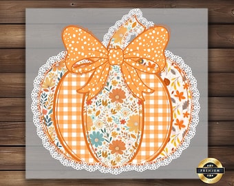 Fall Pumpkin DTF Transfer, Floral Gingham Bow Ready To Press Iron On Transfer