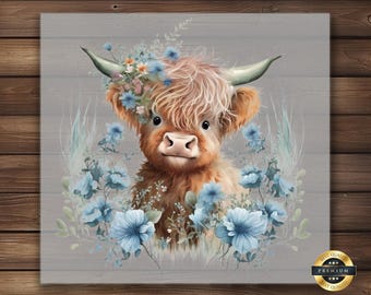 Highland Cow with Blue Flowers DTF Transfer: Iron-On Apparel Design
