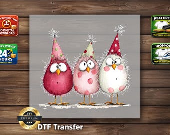 Party Birds Trio DTF Transfer: Whimsical Polka Dot Hat Illustration