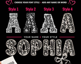 Custom Lace Name DTF Transfer, Floral Lace Lettering, Choose Font and Color, Personalized Ready To Press
