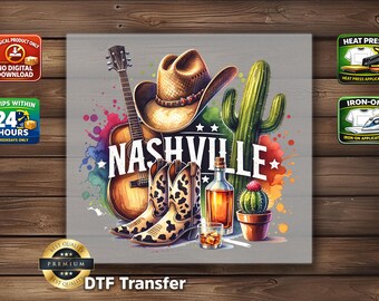 Nashville Country DTF Transfer: Western Cowboy Boot Guitar Cactus Print