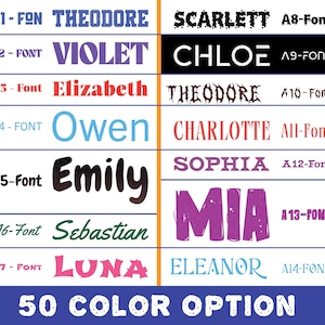 May include: A font selection chart displaying fourteen distinct typography styles labeled A1-Font through A14-Font, each featuring a sample name like Theodore, Violet, Elizabeth, Owen, Emily, Sebastian, Luna, Scarlett, Chloe, Charlotte, Sophia, Mia, and Eleanor.
