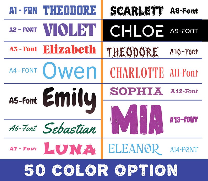 May include: A font selection chart displaying fourteen distinct typography styles labeled A1-Font through A14-Font, each featuring a sample name like Theodore, Violet, Elizabeth, Owen, Emily, Sebastian, Luna, Scarlett, Chloe, Charlotte, Sophia, Mia, and Eleanor.