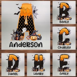 May include: Halloween-themed personalized letter designs. The letter "A" is orange and black with a polka dot pattern, a spooky house, a ghost, and a pumpkin. The name "Anderson" is below the letter. Other letters are also available.