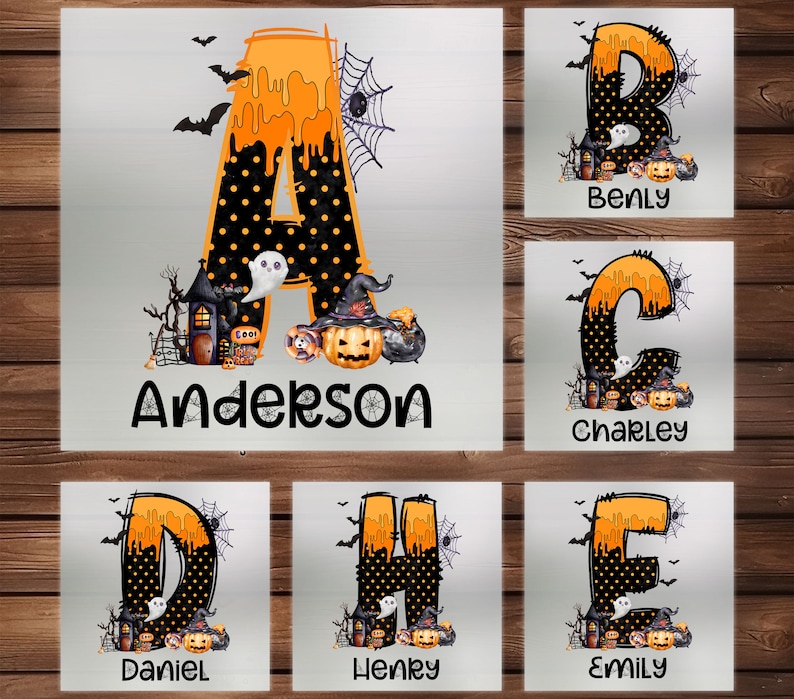 May include: Halloween-themed personalized letter designs. The letter "A" is orange and black with a polka dot pattern, a spooky house, a ghost, and a pumpkin. The name "Anderson" is below the letter. Other letters are also available.