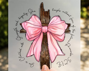 Proverbs 31:25 DTF Transfer, Pink Coquette Bow Christian Faith Iron On