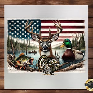 May include: A patriotic design featuring a white-tailed deer, a turkey, a mallard duck, and a bass fish. The animals are set against a backdrop of an American flag with red and white stripes and blue stars.