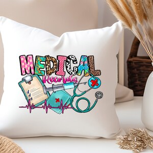 May include: White throw pillow with a colorful graphic design that says "MEDICAL Records" with a stethoscope, syringe, and clipboard.