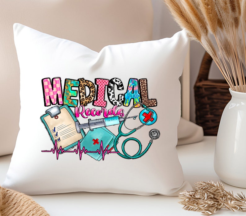 May include: White throw pillow with a colorful graphic design that says "MEDICAL Records" with a stethoscope, syringe, and clipboard.