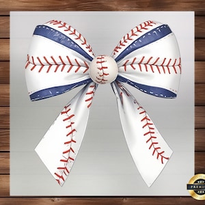 May include: A white bow with red stitching and a baseball in the center. The bow is made to look like a baseball with red stitching.