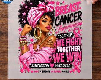 Breast Cancer Dtf, Black Woman Awareness Transfer | Pink Ribbon Stars | Glitter Style Ready-To-Press