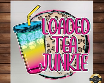 May include: A pink and white graphic with a teal and yellow iced drink and the text "LOADED TEA JUNKIE" on a leopard print background.