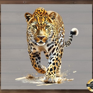 May include: A digital illustration of a leopard walking towards the viewer. The leopard has a tan coat with black spots and is set against a gray background. The image is framed by a wooden border.